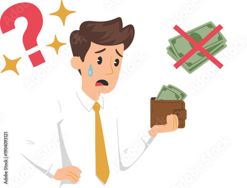 Stressed Businessman Looking at Empty Wallet with Question Mark and No Money Symbol Vector Illustration