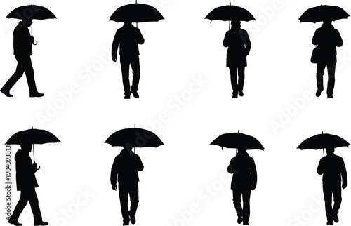 Black silhouette set of people walking with umbrellas, pedestrians in the rain, man and woman weather icons, and rainy day.