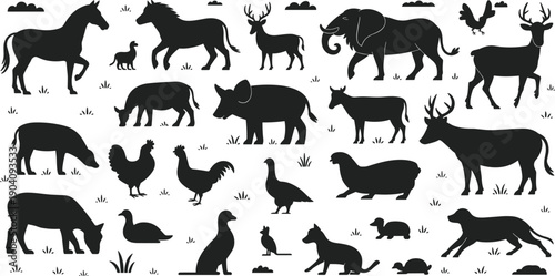 Farm and wild animal silhouettes vector set, isolated white background black mammals birds rural nature flat illustration collection