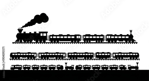 Silhouette of vintage steam train with multiple carriages.