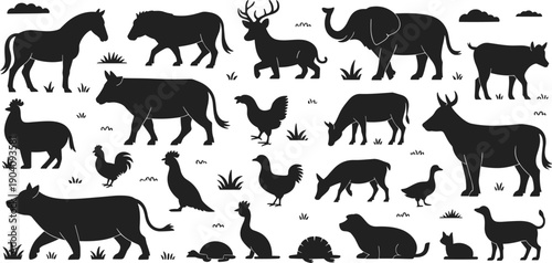 Farm and wild animal silhouettes vector illustration, isolated white background black mammals birds rural nature flat design collection