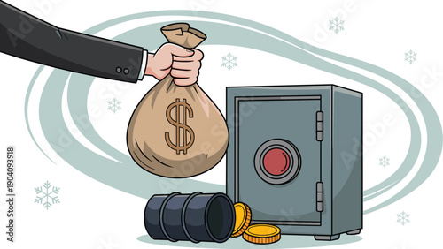 Hand Holding Large Money Bag next to Secure Steel Safe and Oil Barrel Vector Illustration - Wealth and Investment Concept