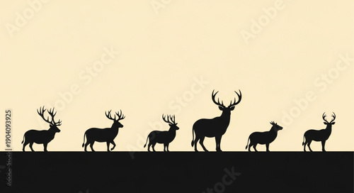 Silhouettes of deer standing in a line.