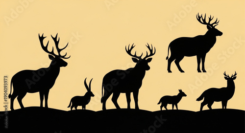 Silhouettes of deer and rabbits on a hill at sunset.
