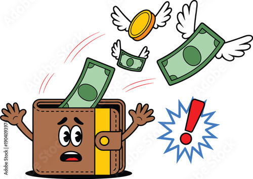 Cute Cartoon Wallet Character Shocked by Flying Money and Coins Vector Illustration - Financial Loss Concept