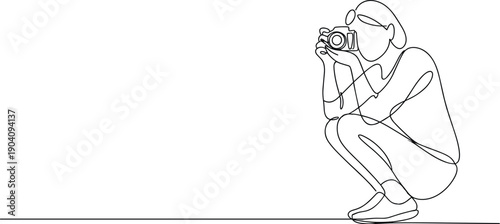 Woman Photographer Crouching and Taking Photo One Line Art Illustration - Creative Hobby Concept
