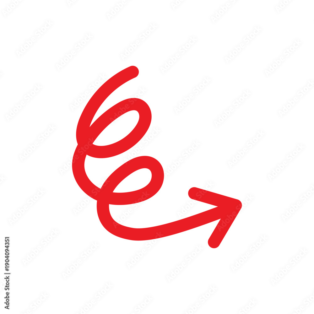 Fototapeta premium Red Hand-Drawn Spiral Arrow Icon - Curvy Swirl Directional Pointer for Creative Emphasis, Playful Marketing Highlights, and Fun Vector Navigation Elements
