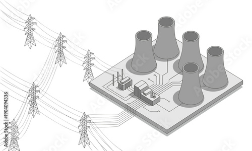 Tableau sur toile Isometric nuclear power plant vector illustration featuring cooling towers, high voltage transmission lines, and electricity grid for energy industry