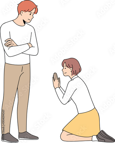 Woman Kneeling in Prayer or Apology to Man Vector Illustration - Forgiveness and Relationship Concept