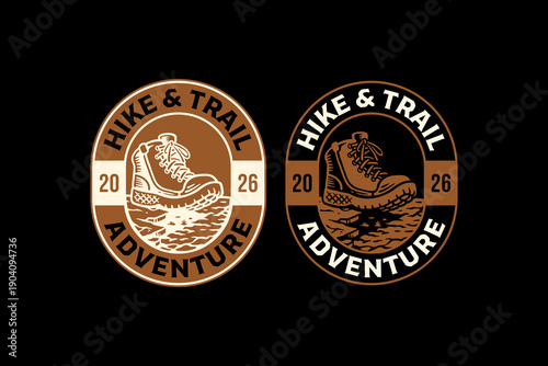 Hiking boot retro badge logo design set for outdoor. Trail boot footwear vintage patch element for adventure. Trekking boot shoes rustic emblem sticker for exploration