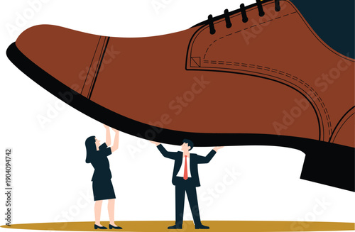Small Business Professionals Struggling Under a Giant Brown Dress Shoe, Concept of Corporate Oppression, Big Business Dominance, Workplace Pressure, and Economic Burden Vector Illustration