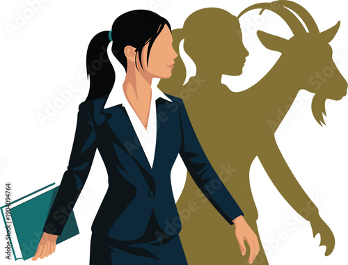 Businesswoman Carrying a Notebook with a Goat Shadow, Concept of Workplace Scapegoating, Unfair Blame, Hidden Intentions, and Corporate Duality Vector Illustration