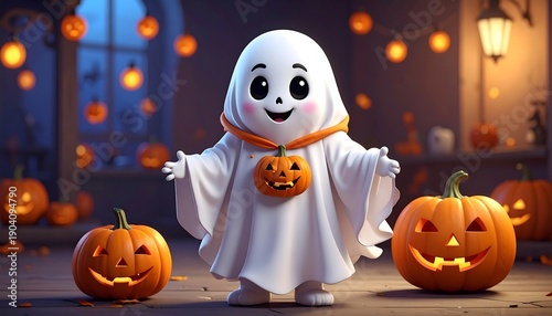 Cute Ghost Character with Jack-o-Lanterns for Halloween.