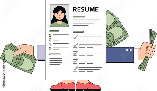 Hands Offering Cash Behind a Candidate's Resume, Concept of Job Bribery, Corruption in Recruitment, Buying Employment, and Unethical Hiring Practices Vector Illustration
