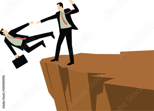 Businessman Falling Off a Cliff as a Colleague Fails to Catch Him, Concept of Workplace Betrayal, Professional Failure, Lack of Support, and Business Risk Vector Illustration