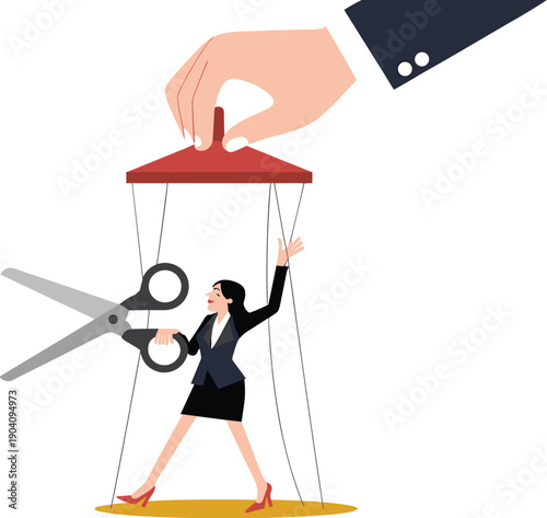 Businesswoman Puppet Cutting Her Own Strings with Breaking Free from Corporate Control, Female Empowerment, and Gaining Autonomy Vector Illustration