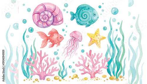 Watercolor underwater vector illustration set featuring colorful fish, pink coral, jellyfish, starfish, seashell, bubbles, and green seaweed on white background.
