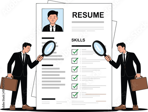 Two HR Recruiters with Magnifying Glasses Examining a Giant Resume, Concept of Talent Acquisition, Candidate Screening, Job Recruitment, and Professional Skill Verification Vector Illustration