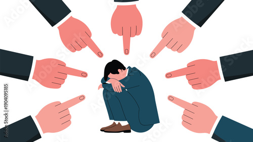 Stressed Businessman Surrounded by Pointing Fingers, Concept of Workplace Bullying, Social Anxiety, Corporate Blame Culture, and Professional Intimidation Vector Illustration