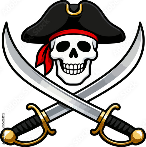 Pirate Skull with Crossed Swords Vector Icon — Jolly Roger Emblem with Tricorn Hat and Red Bandana