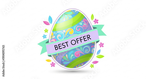 Colorful easter egg with best offer banner and floral decorations
