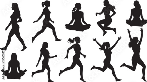 Set of ten black silhouettes of women in various yoga and fitness poses isolated on transparent background.