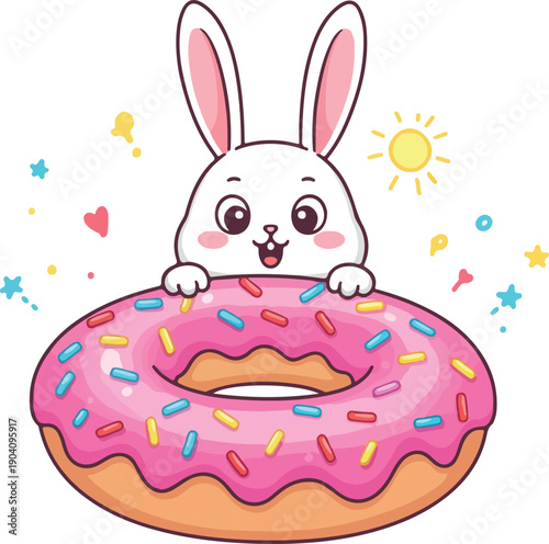 Cute Easter Bunny With Pink Donut Vector Illustration Fun Sun