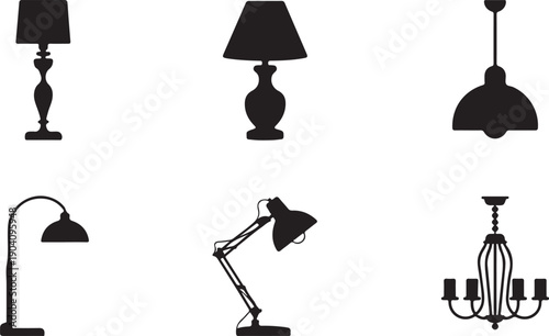 Black vector set of six lamp silhouettes, including table lamps, floor lamps, and chandeliers, isolated on transparent background for interior design and decoration concepts.