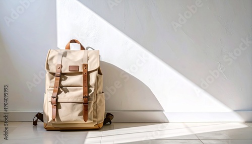 A close-up shot of beige backpack with brown leather straps resting against white wall on tiled floor in natural light