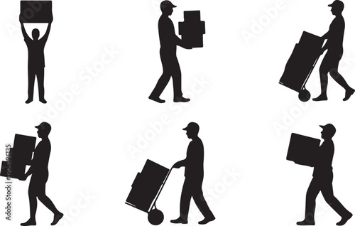 Silhouette of various workers moving boxes isolated on transparent background, depicting labor, delivery, and moving concepts in a set of six black illustrations.