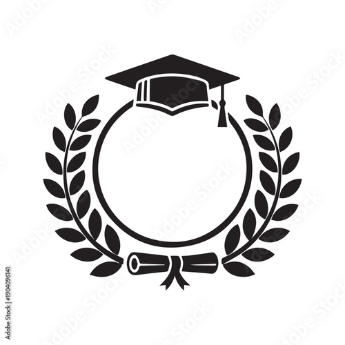 Graduation Cap with Diploma Scroll and Laurel Wreath Silhouette, Academic Achievement and University Success Emblem
