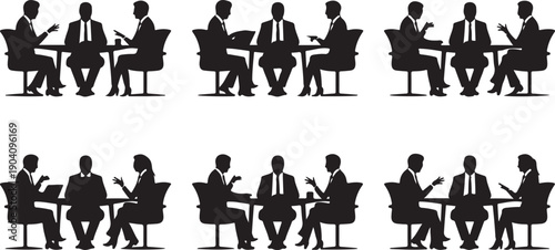 Silhouette of business people sitting at a table isolated on transparent background, various meeting and discussion scenes with colleagues in formal wear.