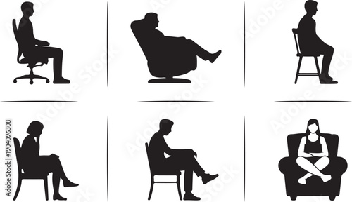Set of six black silhouettes of people sitting on various chairs isolated on transparent background