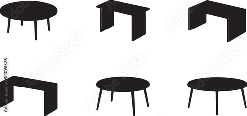 Set of six black table silhouettes isolated on transparent background, including round and rectangular coffee tables with various leg designs, for interior design and furniture concepts.