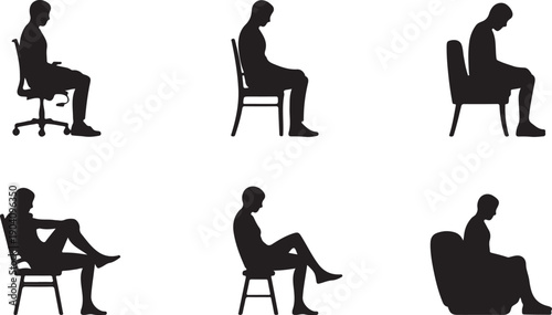 Silhouette of people sitting in various chairs isolated on transparent background, showcasing different sitting positions and postures.