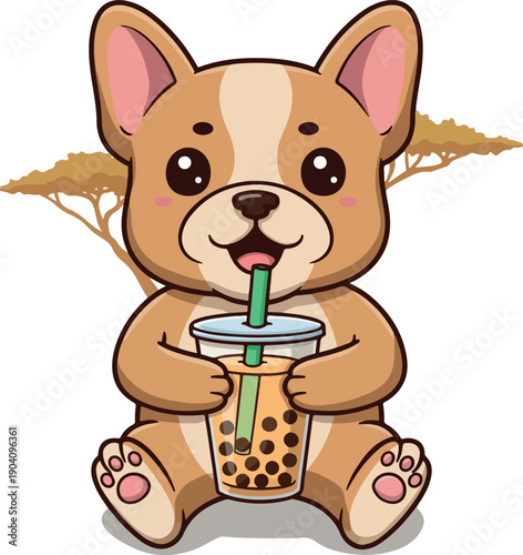 Cute French Bulldog Enjoying Boba Tea In African Savannah Flat Design