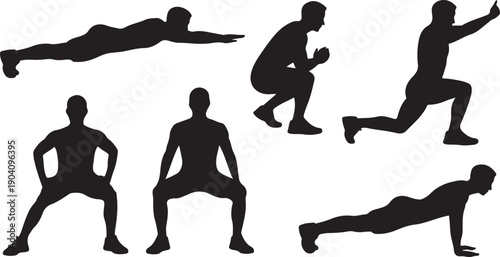 Set of six black silhouette illustrations of men performing various exercises isolated on transparent background, showcasing fitness and workout routines.