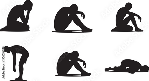 Set of six black silhouettes of a man in various sad and depressed poses, isolated on transparent background, representing states of mind and emotions.