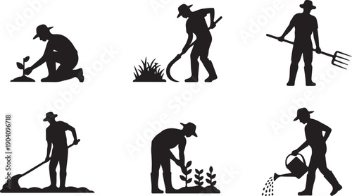 Silhouettes of farmers working in garden isolated on transparent background, planting, raking, watering, and digging in various poses.