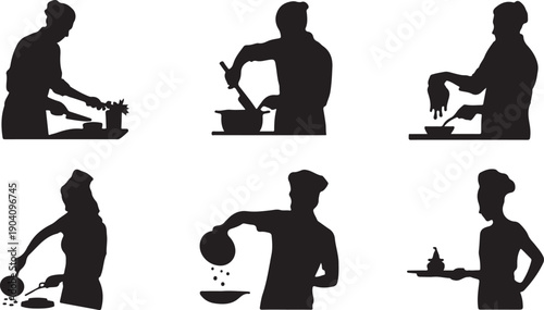 Silhouette of chefs cooking and preparing food isolated on transparent background, various kitchen actions.