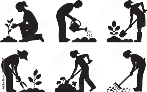 Black vector set of six silhouettes of people gardening isolated on transparent background