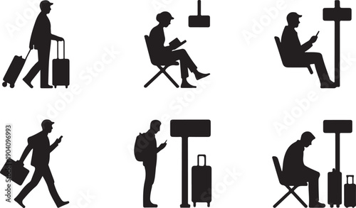 Set of black silhouettes of travelers with luggage isolated on transparent background, depicting various airport or travel-related actions and emotions.