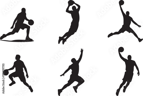 Six black silhouette illustrations of men playing basketball isolated on transparent background