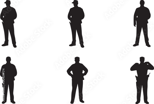 Six black silhouettes of police officers in various poses isolated on transparent background