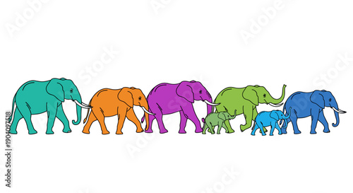 A vibrant illustration showcases a line of elephants of varying sizes and colors, symbolizing diversity and family