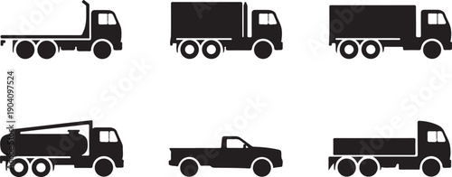 Set of black silhouettes of various trucks isolated on transparent background, including flatbed, semi, tanker, and pickup trucks.