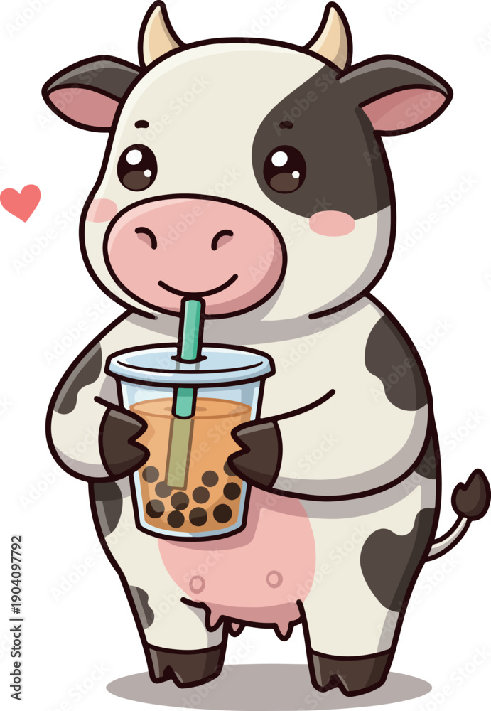Fototapeta premium Cute Kawaii Cow Drinking Bubble Tea Vector Illustration