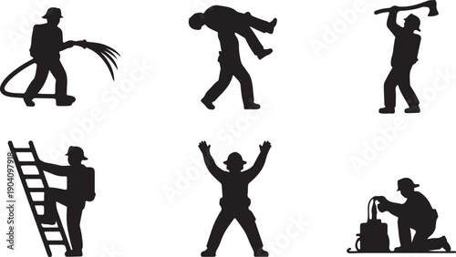 Set of six black silhouette firemen performing various actions isolated on transparent background