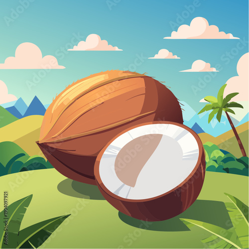 Brązowy dojrzały kokos z widocznym białym miąższem 