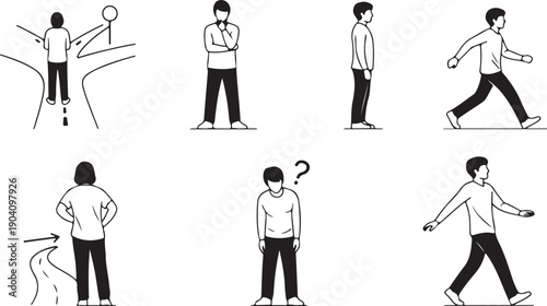 Man Making Decisions at Crossroads, Thinking, Walking, and Confused Poses Isolated on white background